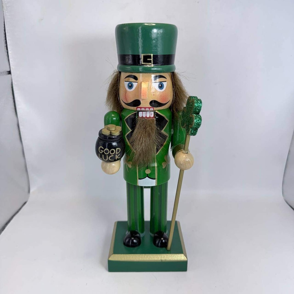 St Patricks Day Leprechaun Nutcracker Wooden 10 Inch Green Pot of Gold Shamrock